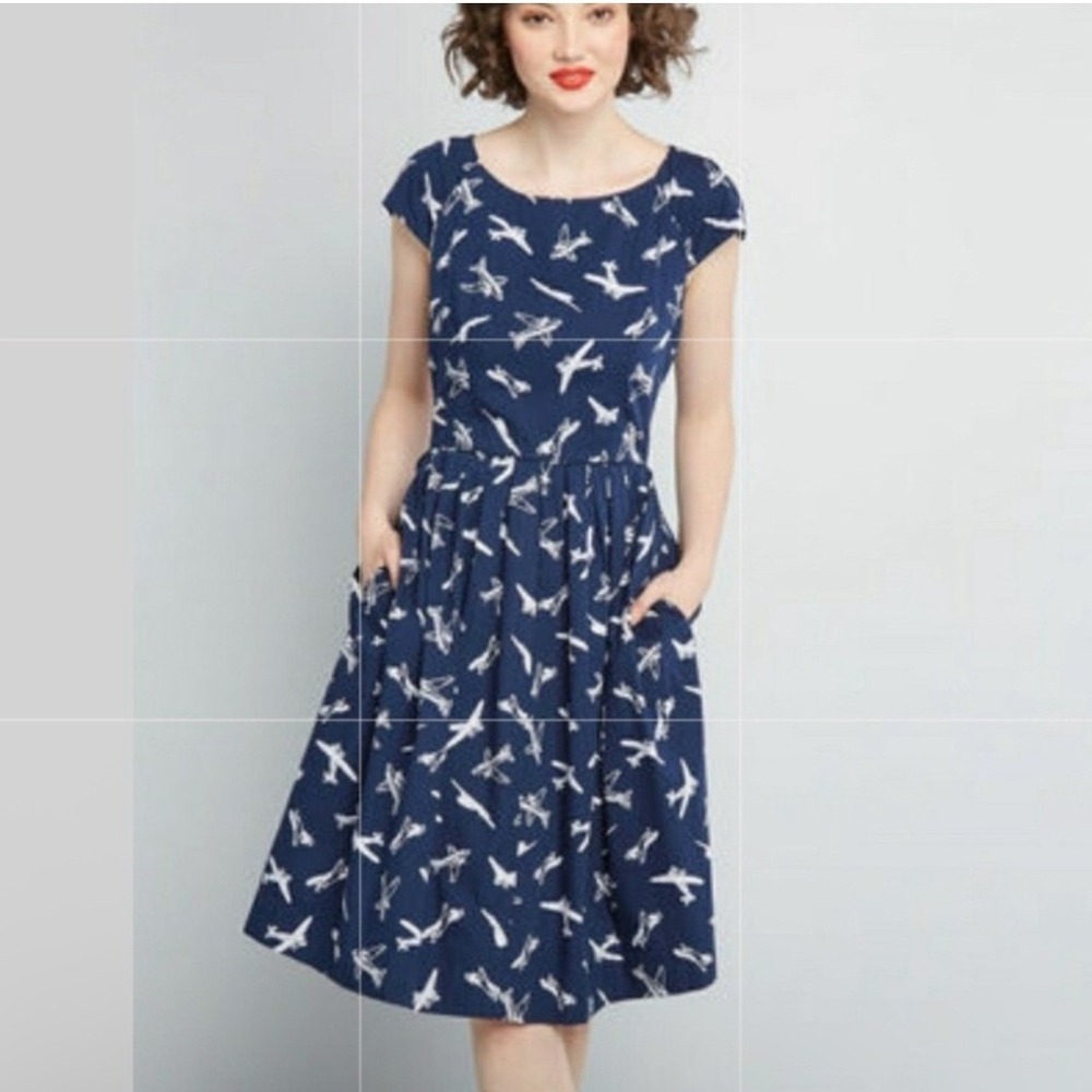 Emily and Fin Navy Blue Airplane Print Cotton Fit and Flare Dress Pockets L UK14